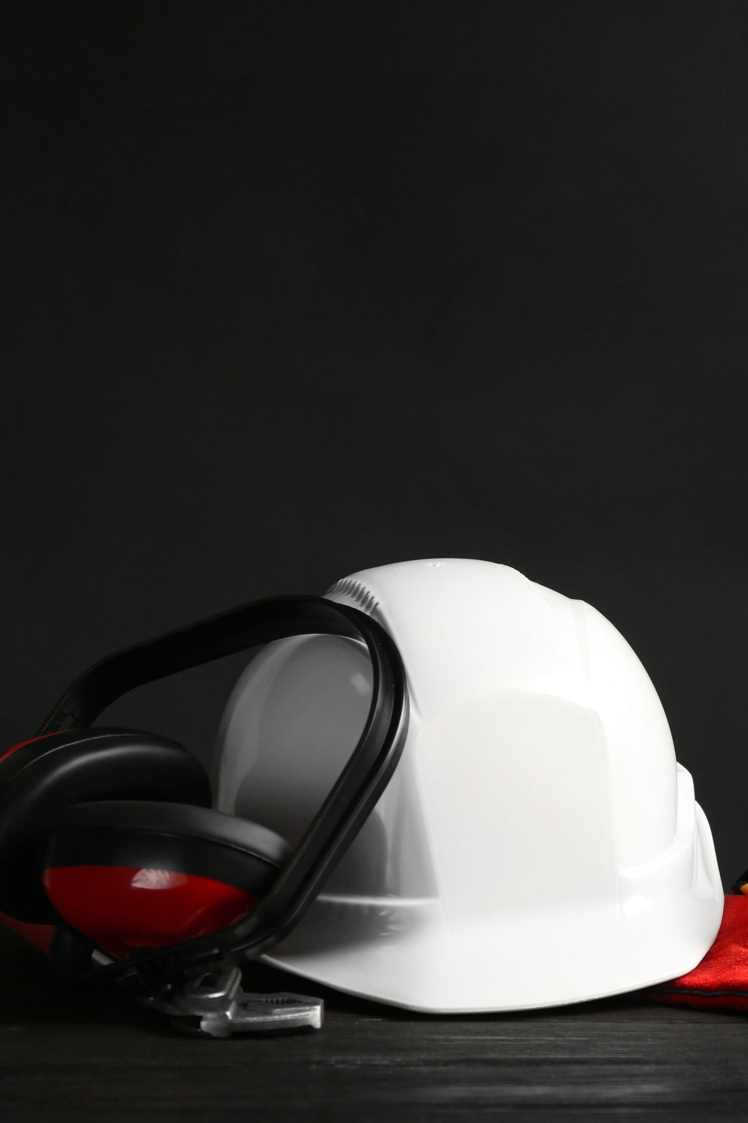 Composition with safety equipment on table. Space for text
